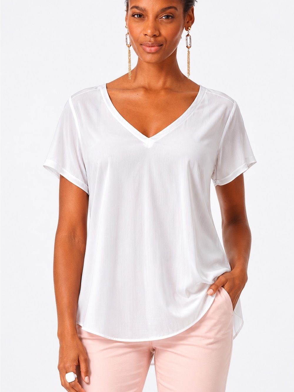 Ella Moss White V-Neck Short Sleeve Blouse Medium Basic Layer career Officecore